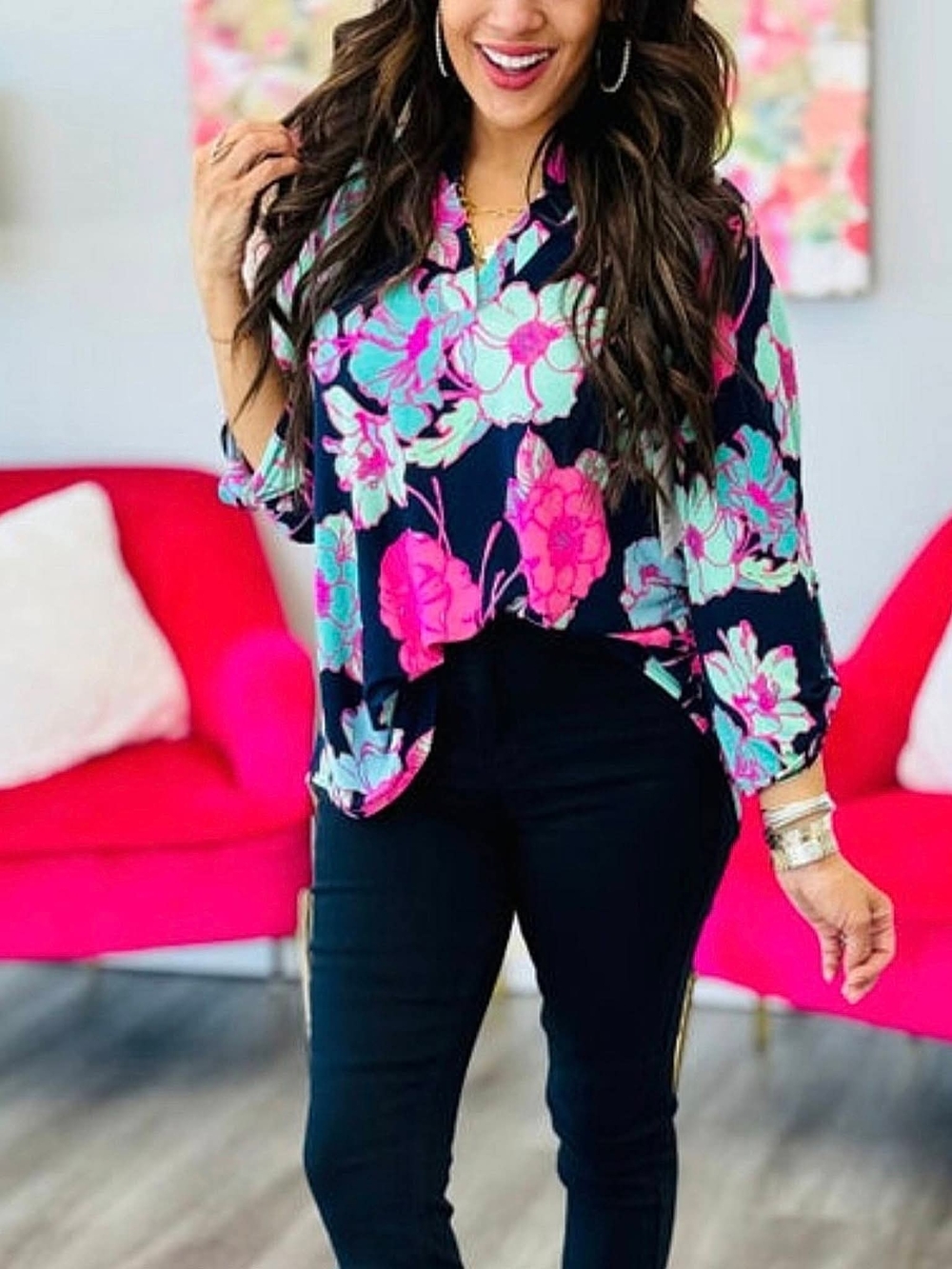 Navy Floral V-Neck Blouse with Pink & Mint Blooms